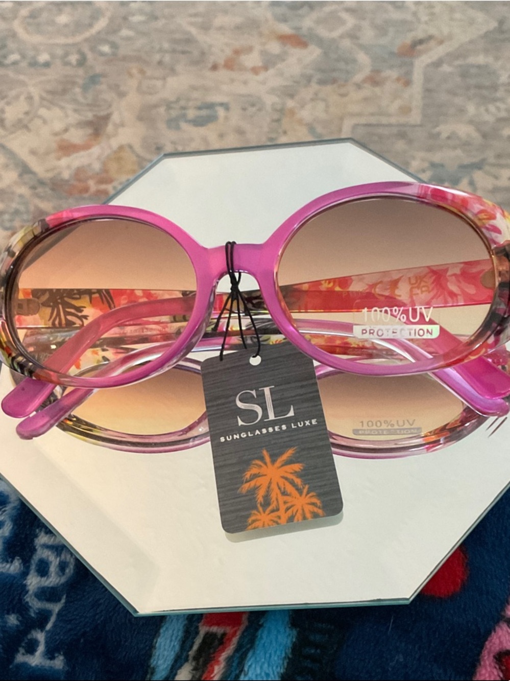Pink Floral Accent Oval Sunglasses
